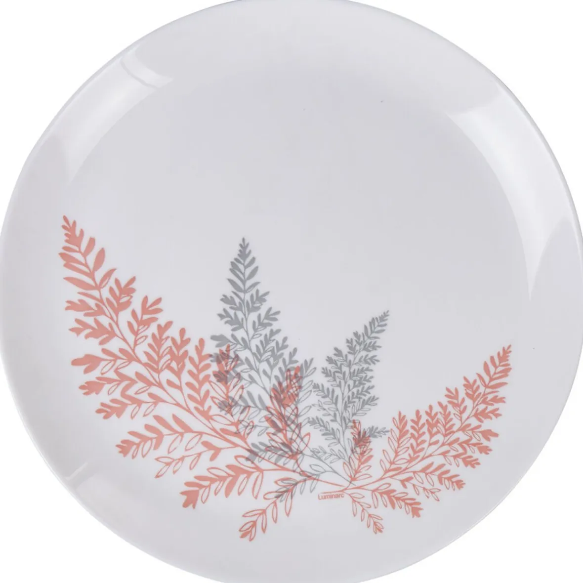 Gifi Assiette plate ronde Luminarc blanc motif feuille gris rose| Vaisselle Et Accessoires De Table