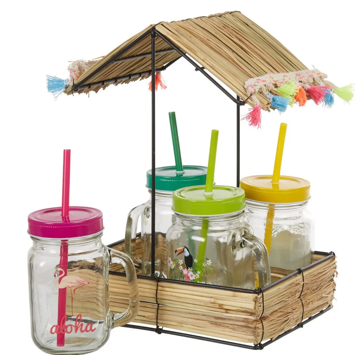 Vaisselle Et Accessoires De Table<Gifi Bocal à paille et couvercle style tropical avec support x4