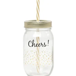 Gifi Bocal paille pois doré couvercle doré "Cheers"| Vaisselle Et Accessoires De Table