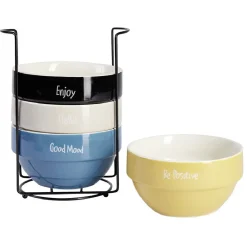 Gifi Bol en faïence Ø14 x H8 cm x4 et support| Vaisselle Et Accessoires De Table