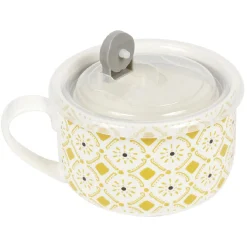 Gifi Bol jumbo soupe avec couvercle en porcelaine blanc motif jaune| Vaisselle Et Accessoires De Table