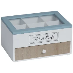 Gifi Boîte à dosettes Thé et Café blanc naturel et bleu| Vaisselle Et Accessoires De Table