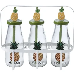 Gifi Bouteilles x3 avec pailles design exotique x3 panier métal blanc| Vaisselle Et Accessoires De Table