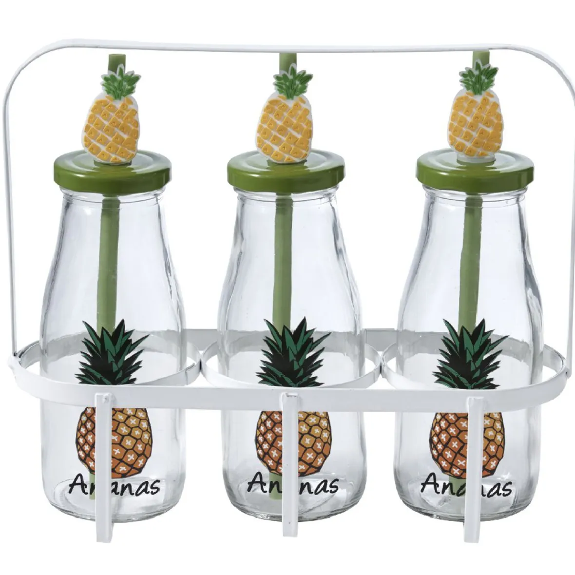 Gifi Bouteilles x3 avec pailles design exotique x3 panier métal blanc| Vaisselle Et Accessoires De Table