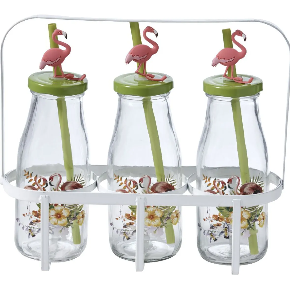 Gifi Bouteilles x3 avec pailles design exotique x3 panier métal blanc| Vaisselle Et Accessoires De Table