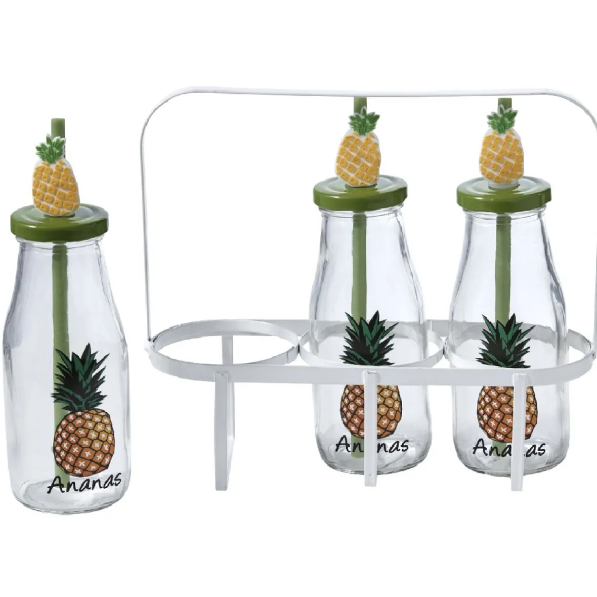 Gifi Bouteilles x3 avec pailles design exotique x3 panier métal blanc| Vaisselle Et Accessoires De Table