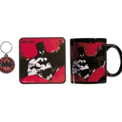 Gifi Coffret cadeau Batman Comics mug sous-verre porte-clé rouge noir 3pcs| Vaisselle Et Accessoires De Table