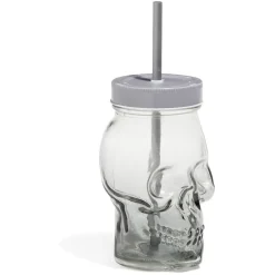 Gifi Gobelet en verre forme tête de mort avec paille et couvercle gris| Vaisselle Et Accessoires De Table