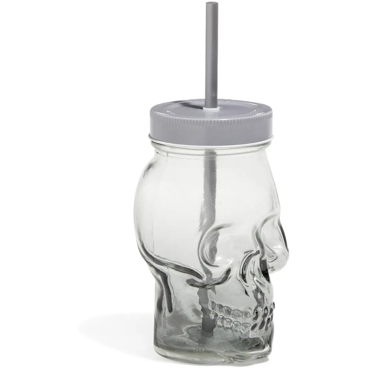 Gifi Gobelet en verre forme tête de mort avec paille et couvercle gris| Vaisselle Et Accessoires De Table