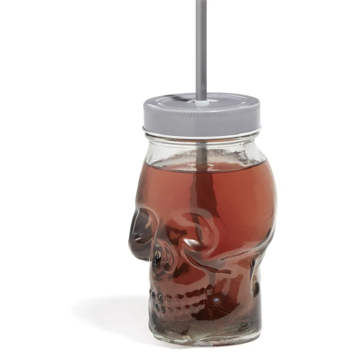 Gifi Gobelet en verre forme tête de mort avec paille et couvercle gris| Vaisselle Et Accessoires De Table