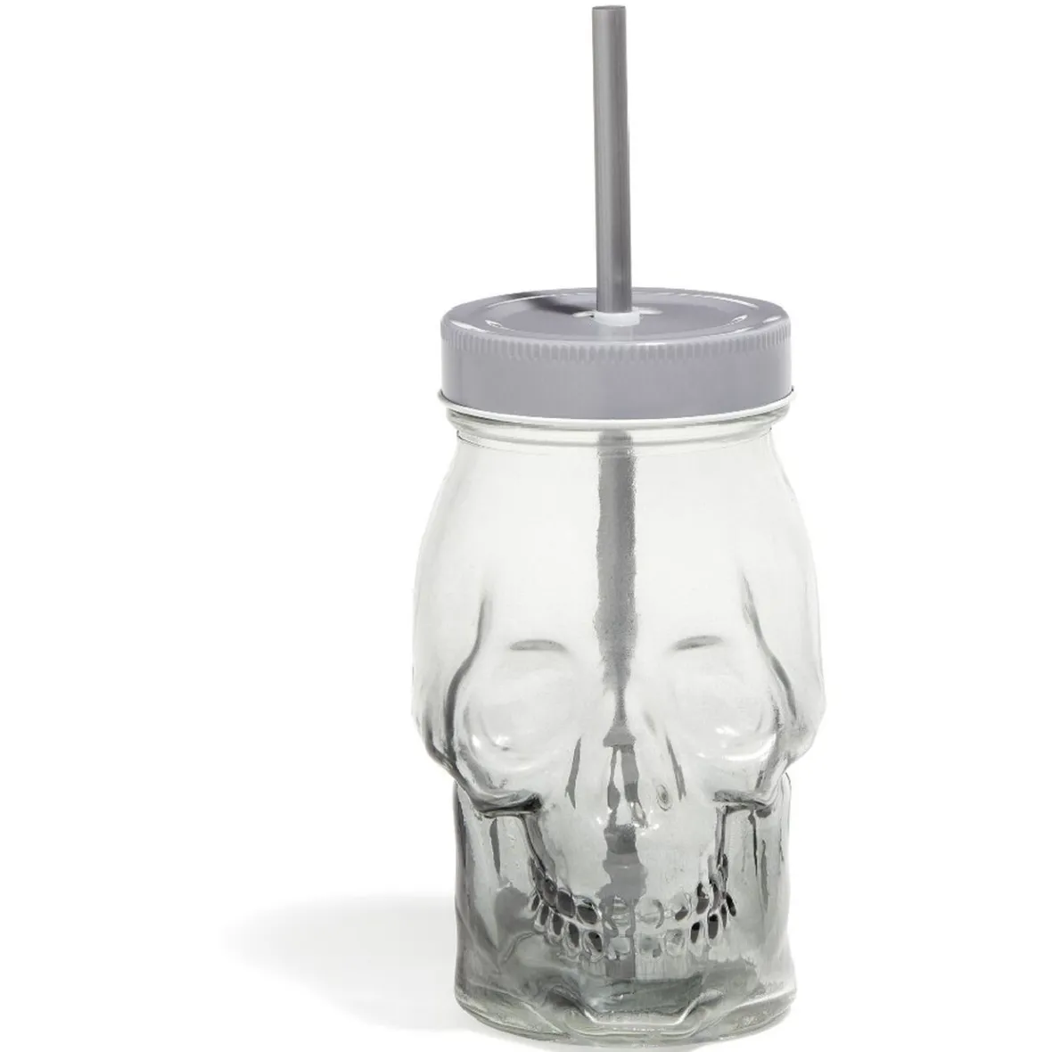 Gifi Gobelet en verre forme tête de mort avec paille et couvercle gris| Vaisselle Et Accessoires De Table