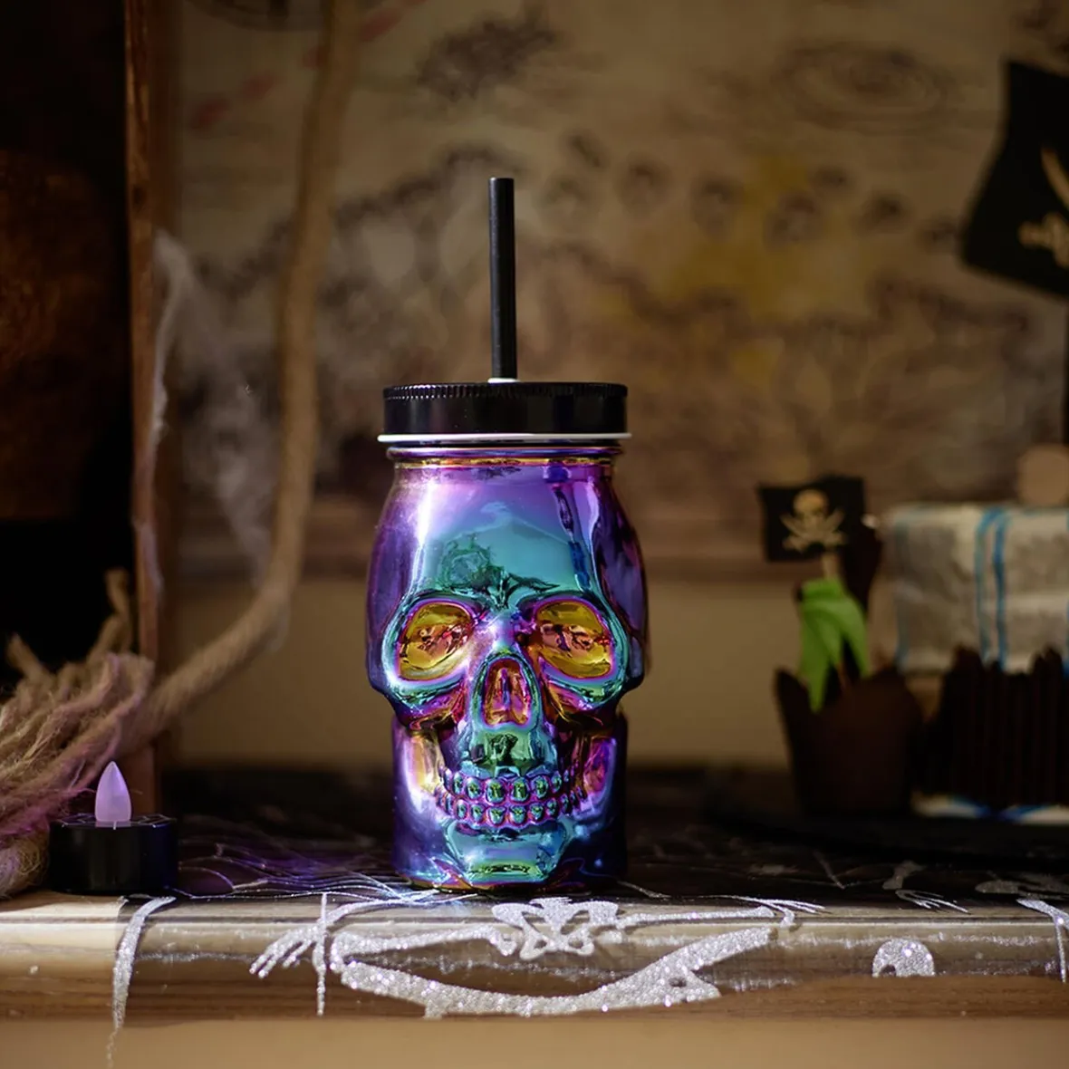 Gifi Gobelet verre forme tête de mort couvercle et paille 500 ml| Vaisselle Et Accessoires De Table