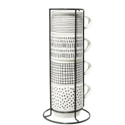 Vaisselle Et Accessoires De Table<Gifi Lot de 4 tasses empilables 20cl porcelaine blanc et noir avec support métal