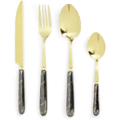 Gifi Ménagère inox x16 doré avec manche effet marbre| Vaisselle Et Accessoires De Table