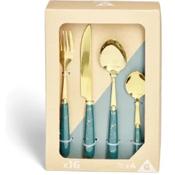Gifi Ménagère inox x16 doré avec manche effet marbre| Vaisselle Et Accessoires De Table