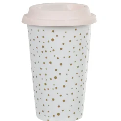 Gifi Mug de transport blanc pois doré avec couvercle| Vaisselle Et Accessoires De Table