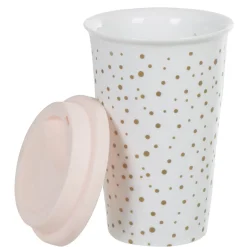 Gifi Mug de transport blanc pois doré avec couvercle| Vaisselle Et Accessoires De Table