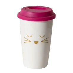Gifi Mug de transport en céramique rose motif tête de chats doré 400 ml| Vaisselle Et Accessoires De Table
