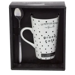 Gifi Mug porcelaine avec cuillère inox motif pois noir blanc 45 cl| Vaisselle Et Accessoires De Table