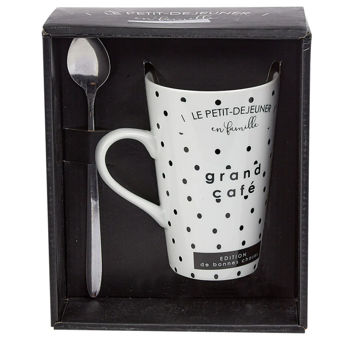 Gifi Mug porcelaine avec cuillère inox motif pois noir blanc 45 cl| Vaisselle Et Accessoires De Table
