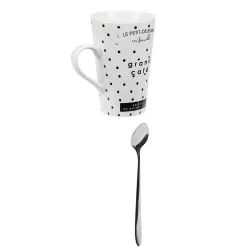 Gifi Mug porcelaine avec cuillère inox motif pois noir blanc 45 cl| Vaisselle Et Accessoires De Table