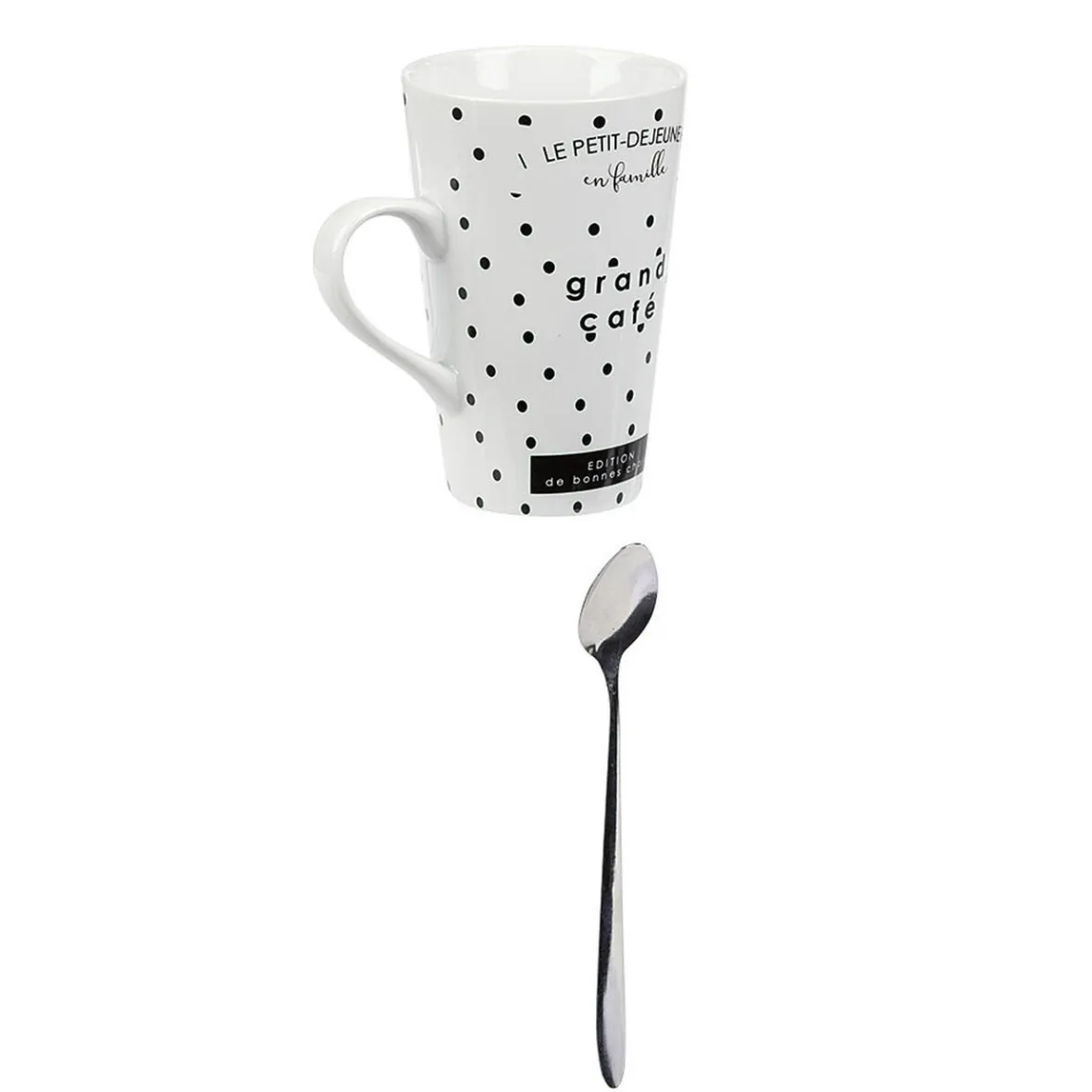 Gifi Mug porcelaine avec cuillère inox motif pois noir blanc 45 cl| Vaisselle Et Accessoires De Table