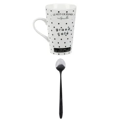 Gifi Mug porcelaine avec cuillère inox motif pois noir blanc 45 cl| Vaisselle Et Accessoires De Table
