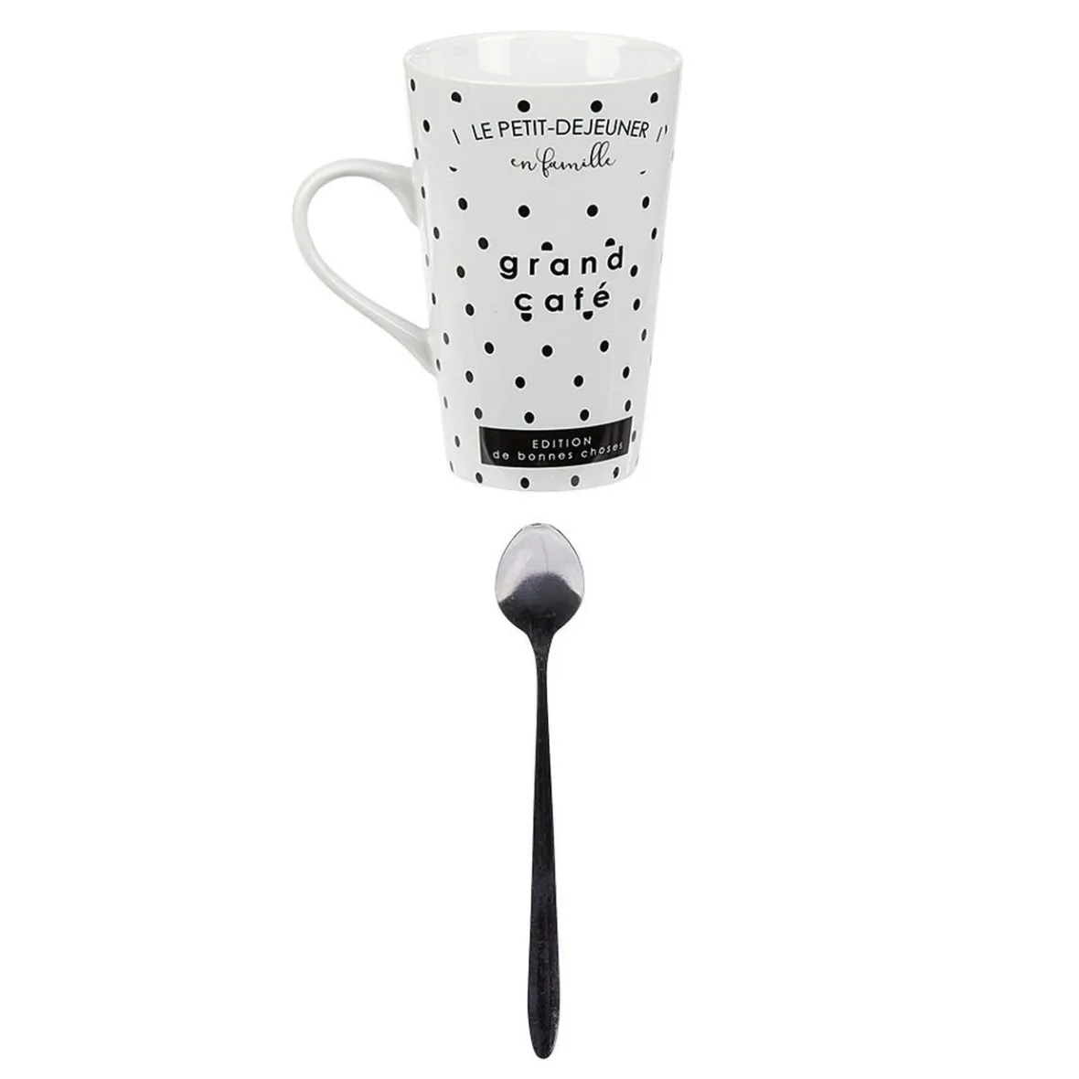 Gifi Mug porcelaine avec cuillère inox motif pois noir blanc 45 cl| Vaisselle Et Accessoires De Table