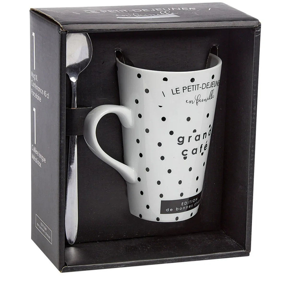 Gifi Mug porcelaine avec cuillère inox motif pois noir blanc 45 cl| Vaisselle Et Accessoires De Table