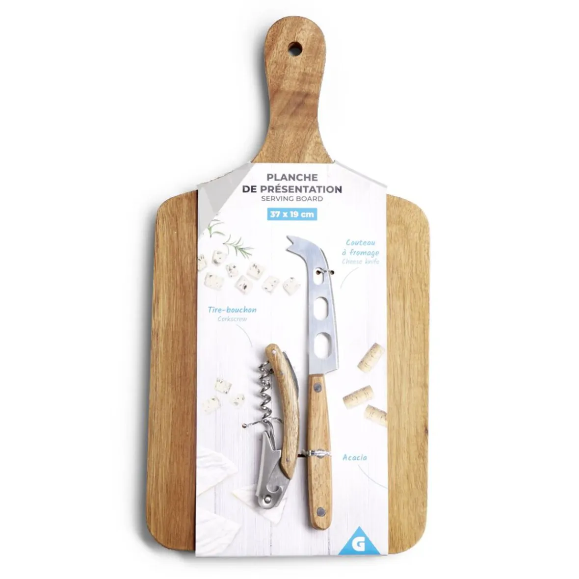 Gifi Planche de présentation avec couteau et tire-bouchon acacia 37x19cm| Vaisselle Et Accessoires De Table