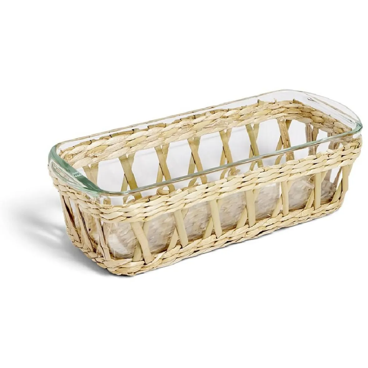 Cuisson<Gifi Plat à four en verre transparent et déco raphia beige 28x11,5xH8,5cm