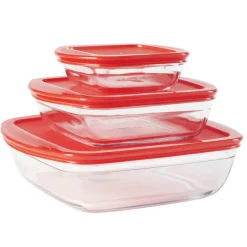Cuisson<Gifi Plat en verre transparent Ôcuisine avec couvercle rouge x3