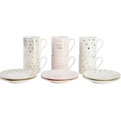 Gifi Service à café faïence blanc rose or 6 personnes| Vaisselle Et Accessoires De Table
