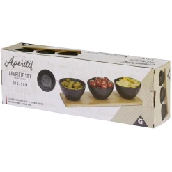 Gifi Service apéritif 3 bols en porcelaine et 1 planche en bambou| Vaisselle Et Accessoires De Table