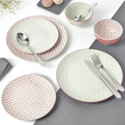 Gifi Service en porcelaine 18 pièces motif graphique beige et rouge| Vaisselle Et Accessoires De Table