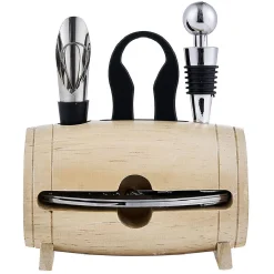 Gifi Set 4 accessoires à vin dans tonneau en bois| Vaisselle Et Accessoires De Table
