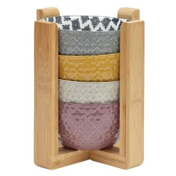 Vaisselle Et Accessoires De Table<Gifi Set 4 bols décor ethnique noir et blanc et support en bambou