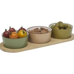 Gifi Set apéritif coupelle porcelaine x3 et support bambou| Vaisselle Et Accessoires De Table