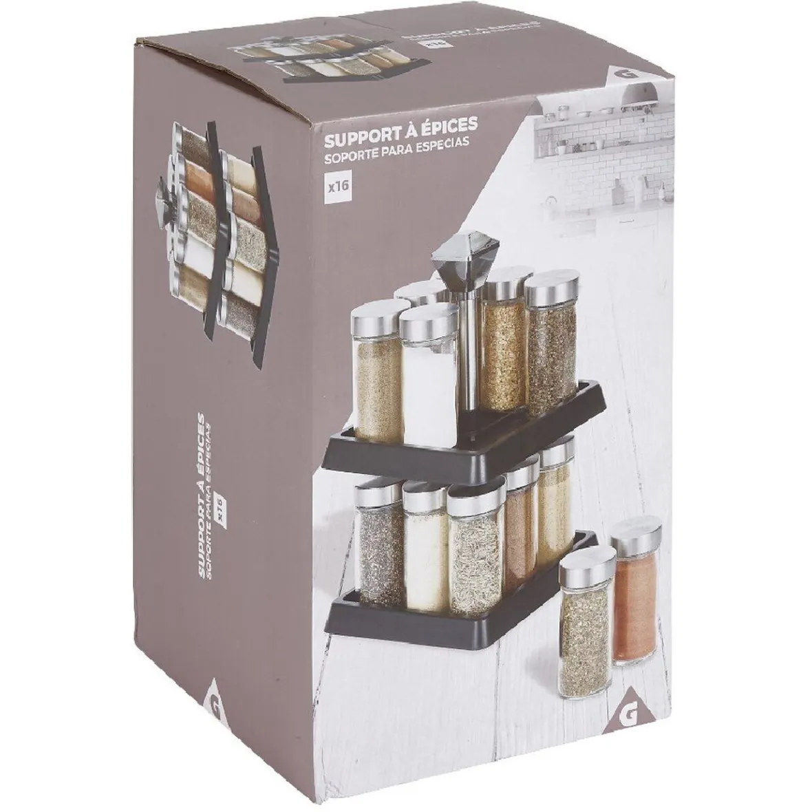 Rangement De Cuisine<Gifi Support à épices noir 16 bocaux en verre et inox 2 étages
