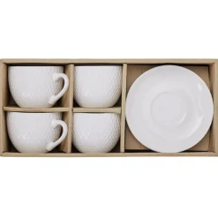 Gifi Tasse embossée avec sous-tasse faïence blanc x4| Vaisselle Et Accessoires De Table