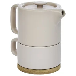 Gifi Tisanière 40cl et tasse 25cl grès taupe avec support bambou| Vaisselle Et Accessoires De Table